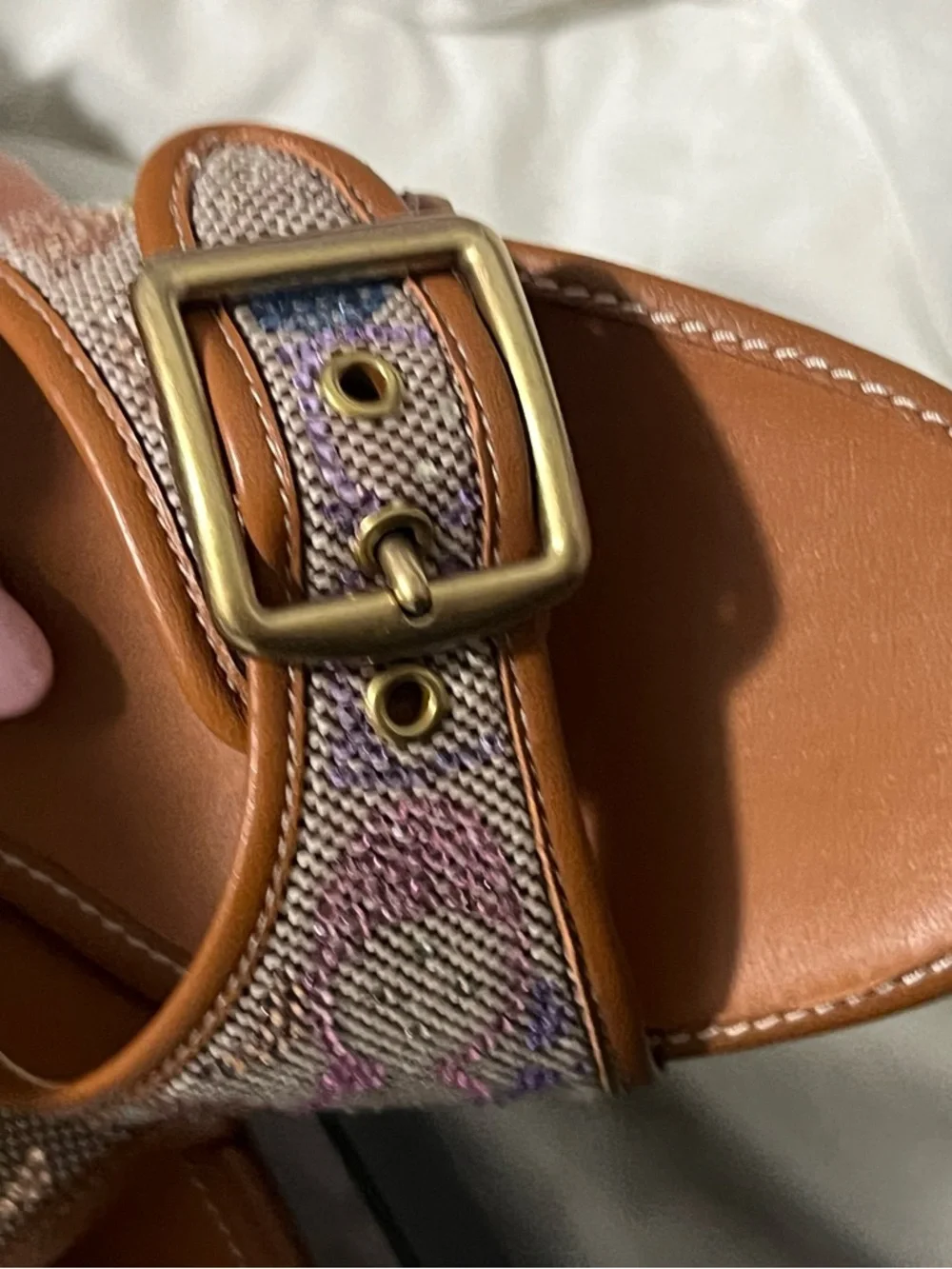 Coach Tan Leather Slide Sandals with Multicolor Woven Strap - Picture 6 of 12